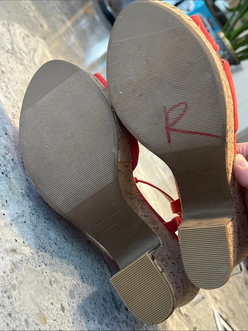 SUN + STONE Jamie T-Strap Platform Sandals Red Coral Cork Block Heel Size 9.5